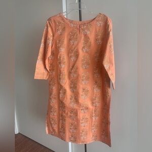 NWT Fabindia Cotton Kurta Dress Tunic Peach 🍑 Orange Gold & White Hand Block M